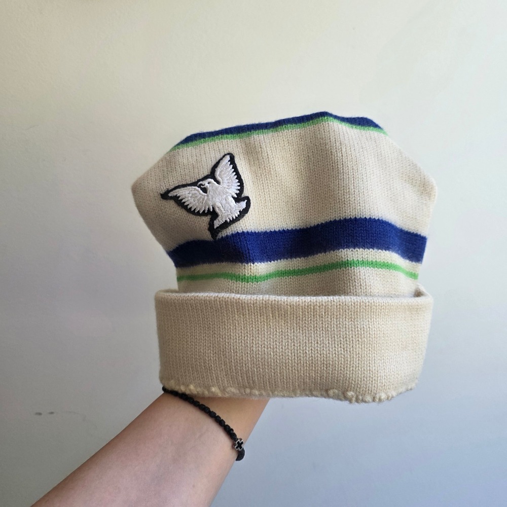 Vintage Ekniv Pure Wool Beanie Hat Cream Striped Bird Patch Knit Cap